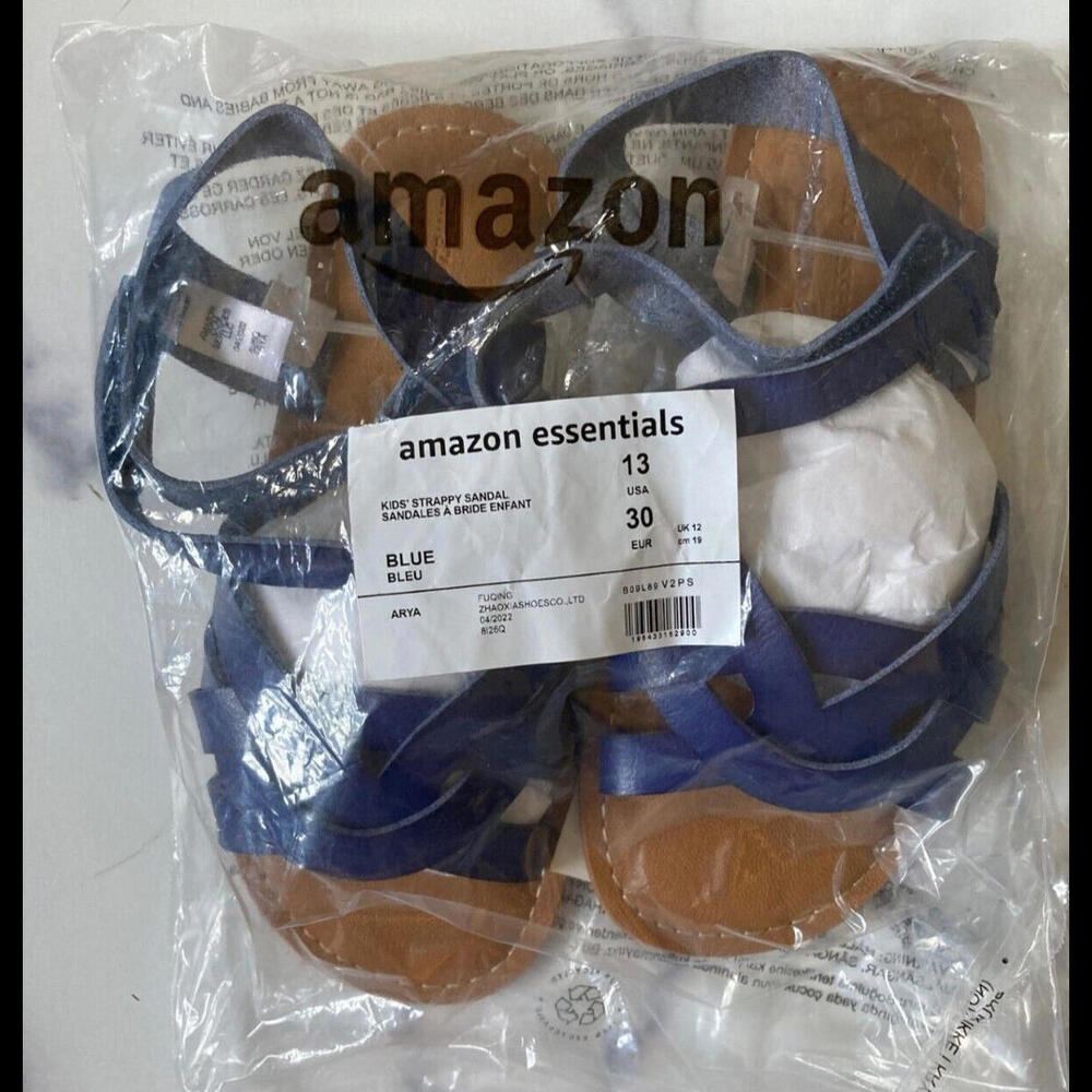 Girls Open Toe Blue Flat Strappy Sandal Size 13 By Amazon Essentials Hook & Loop - Picture 2 of 8